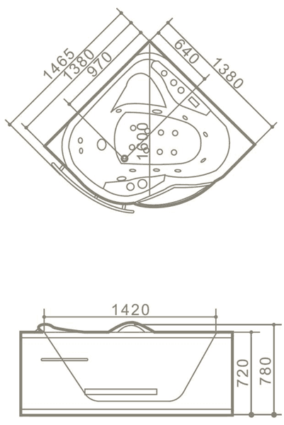 Technical image of Hydra Corner Whirlpool Bath With Bath Panel & Head Rest. 1380x1380mm.