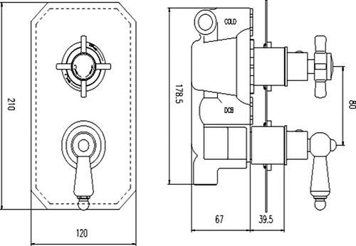 Technical image of Pioneer Traditional Twin Concealed Thermostatic Shower Valve (Polymer).