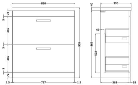 Technical image of Nuie Furniture Vanity Unit With 2 x Drawers & Basin 800mm (Hacienda Black).