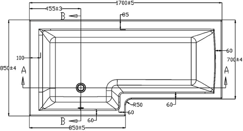 Technical image of Ultra Baths Shower Bath With Panel & Screen. (Left Handed) 850x1700mm.