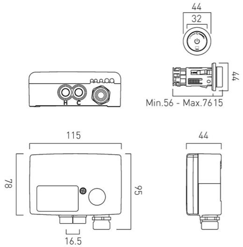 Technical image of Vado Sensori SmartDial Thermostatic Shower With 1 Shower Outlet & Remote.