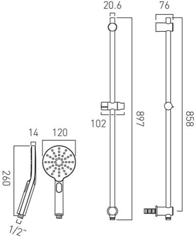 Technical image of Vado Sensori SmartDial Thermostatic Shower & Slide Rail Kit & Remote.