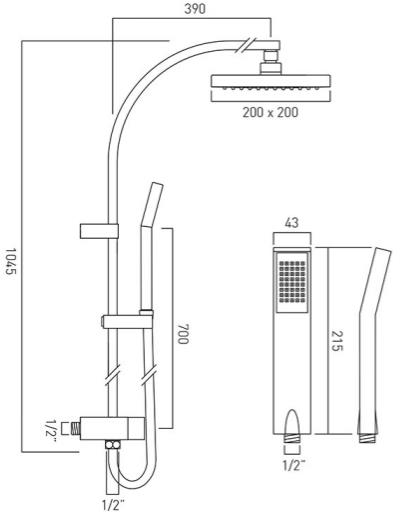 Technical image of Vado Sensori SmartTouch Shower With Remote & Rigid Riser (1 Outlet).