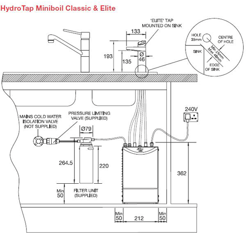 Technical image of Zip Arc Design Filtered Boiling Hot & Ambient Water Tap (Brushed Chrome).