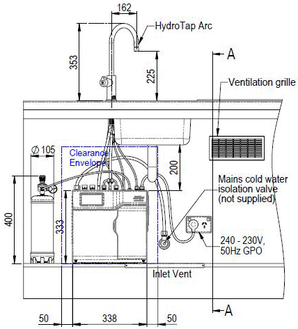 Technical image of Zip Cube Design Filtered Boiling Water Tap & Font (Bright Chrome).